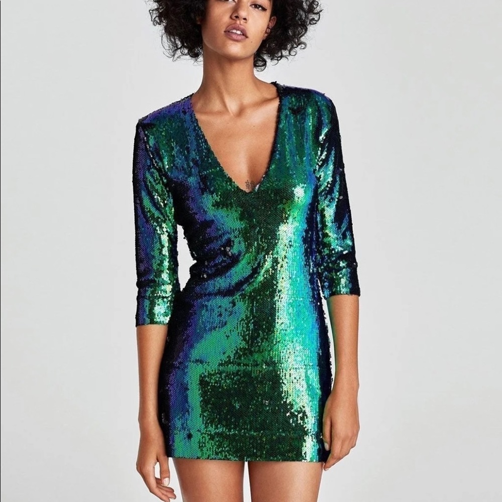 Pre Loved ZARA Green Sequin Party Women’s Dress Size S